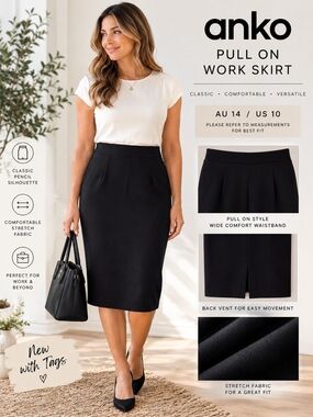 Anko Black Pull On Work Pencil Skirt NWT AU 14 US 10 Stretch Midi